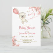 Invitation Baby shower de ballon rose floral Boho Teddy Bear (Debout devant)