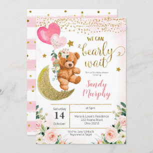 Invitation Baby shower de ballon rose ours en pelu