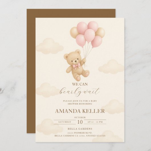 Invitation Baby shower de ballon rose ours en peluche (Devant / Derrière)