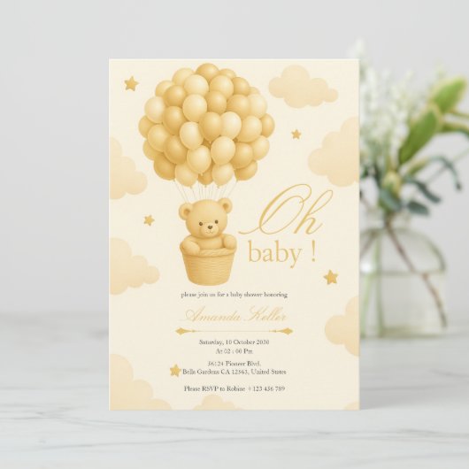 Invitation Baby shower de ballon Teddy Bear (Debout devant)