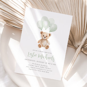 Invitation Baby shower de ballon vert Teddy Bear Sage