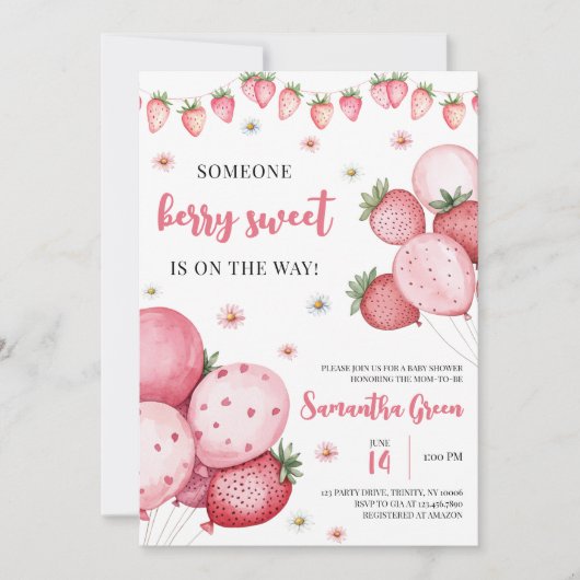 Invitation Baby shower de ballons aux fraises (Devant)