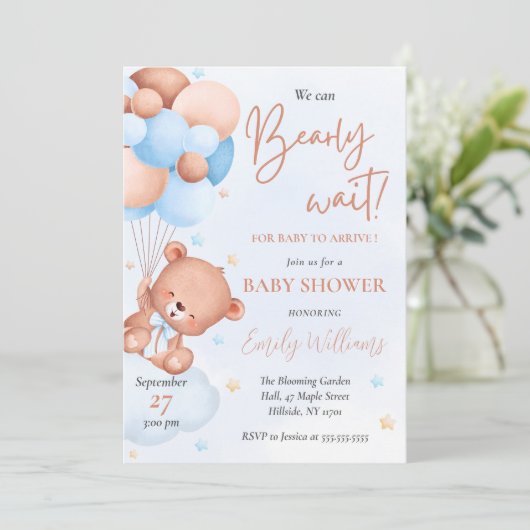 Invitation Baby shower de Ballons d'ours à aquarelle bleu (Debout devant)