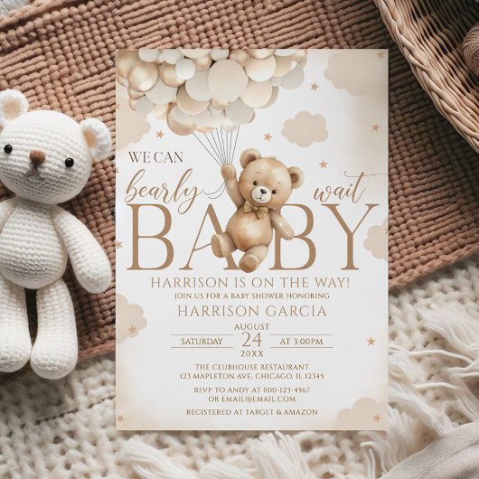 Invitation Baby shower de ballons d'ours Brown neutres selon 