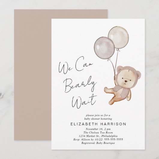 Invitation Baby shower de ballons d'ours en peluche de Boho (Devant / Derrière)