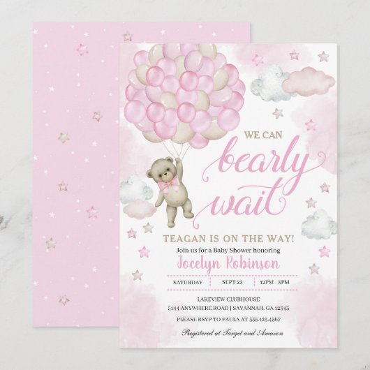 Invitation Baby shower de ballons d'ours en peluche rose (Devant / Derrière)