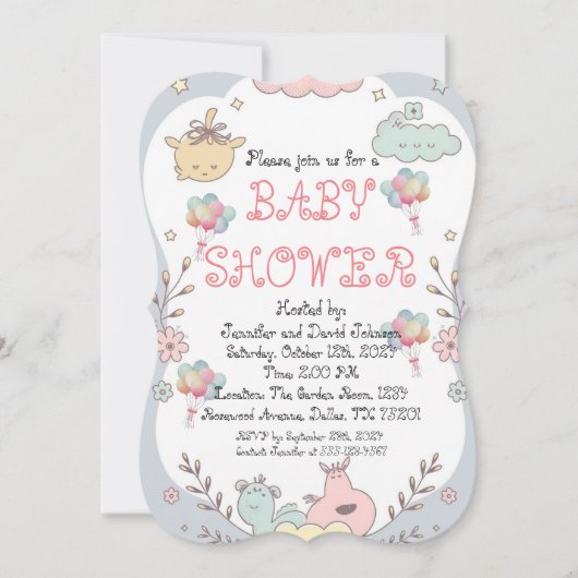 Invitation Baby shower de ballons doux et délicat (Devant)
