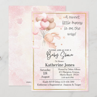 Invitation Baby shower de ballons lapin en aquarelle rose
