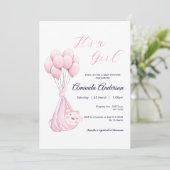 Invitation Baby shower de ballons pour filles rose (Debout devant)