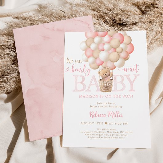 Invitation Baby shower de ballons pour ours en peluche rose f