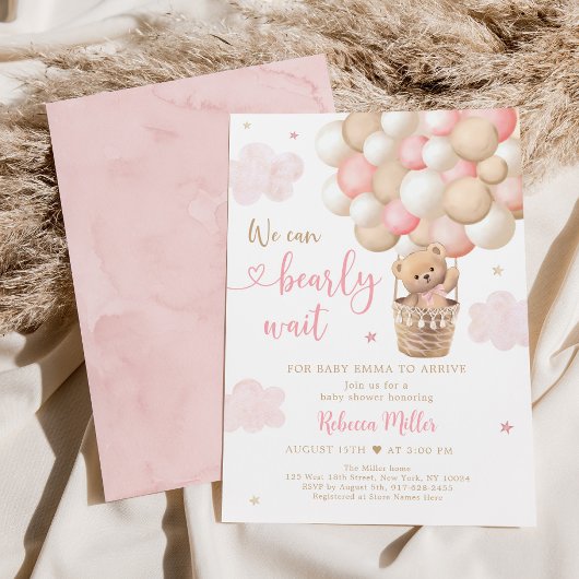 Invitation Baby shower de ballons pour ours en peluche rose f