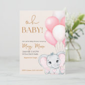 Invitation Baby shower de ballons roses d'éléphant d'ivoire (Debout devant)