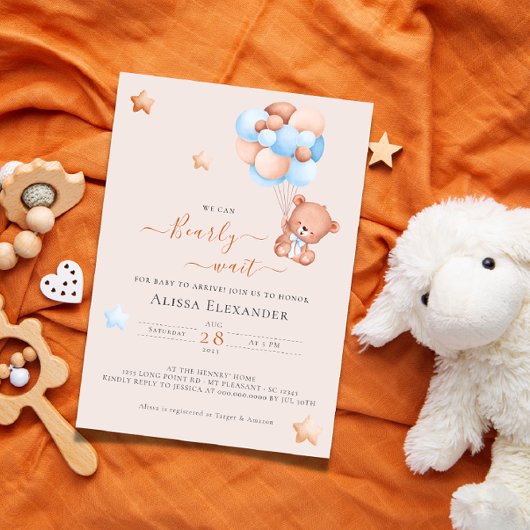 Invitation Baby shower de ballons roses et bleus de l'ours en