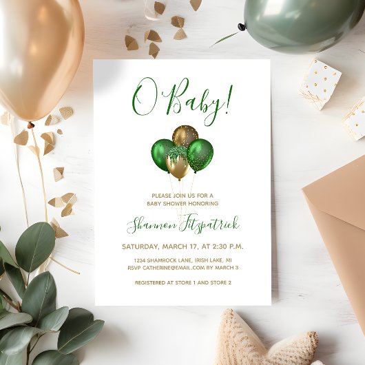 Invitation Baby shower de ballons verts de la Saint-Patrick