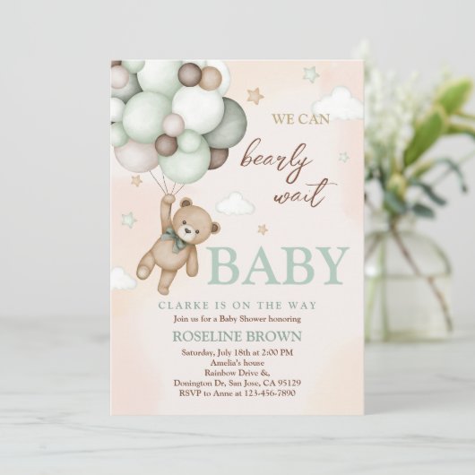 Invitation Baby shower de ballons verts de l'ours Brown Sage (Debout devant)