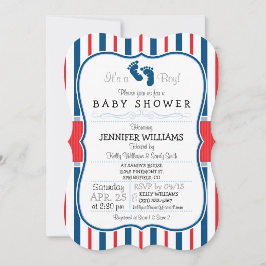 Invitation Baby shower de bandes rouge, blanc et bleu (Devant)