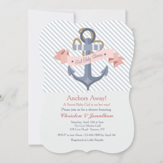 Invitation Baby shower de bannière Ancre rose (Devant)