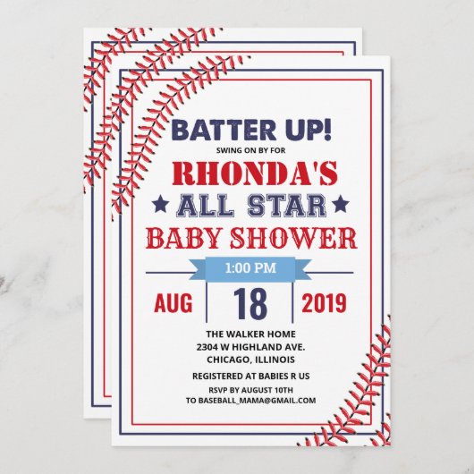 Invitation Baby shower de base-ball (Devant / Derrière)