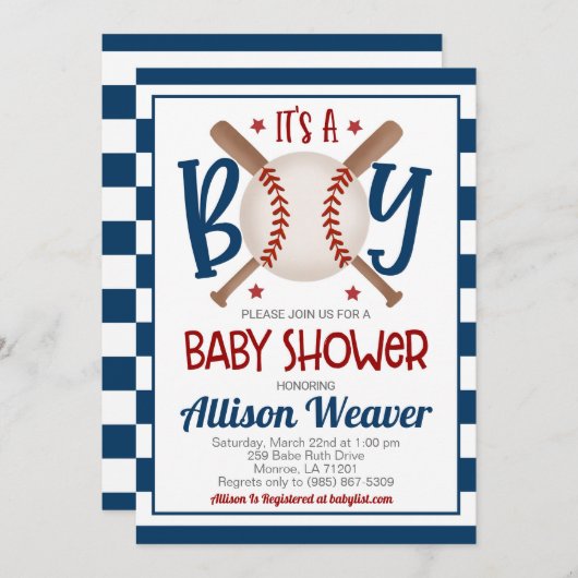 Invitation Baby shower de base-ball (Devant / Derrière)
