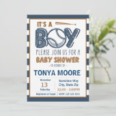 Invitation Baby shower de base-ball à rayures bleues Invitati (Debout devant)