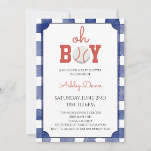 Invitation Baby shower de baseball à carreaux bleus