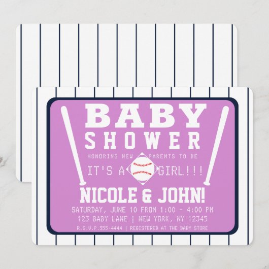Invitation Baby Shower de Baseball aux Rayures Blanches et Bl (Devant / Derrière)