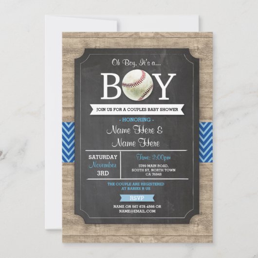 Invitation Baby shower de baseball bleu Boy Sports Wood Invit (Devant)