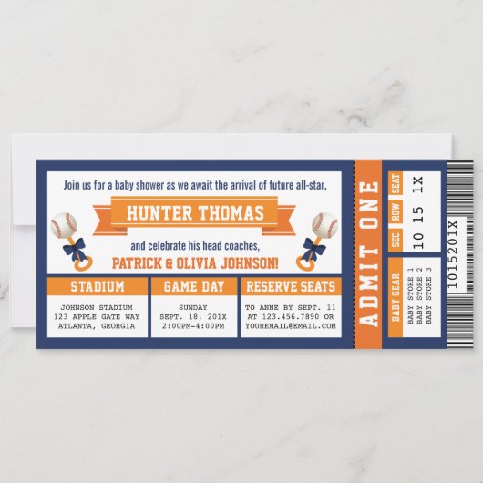 Invitation Baby shower de baseball, Bleu, Orange (Devant)