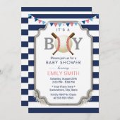 Invitation Baby shower de baseball Boy Nautical Navy Stripes (Devant / Derrière)