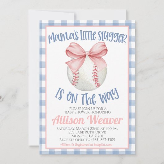 Invitation Baby shower de baseball Coquette (Devant)