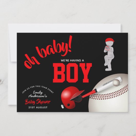 Invitation BABY SHOWER de baseball de garçon Red Black Invita (Devant)