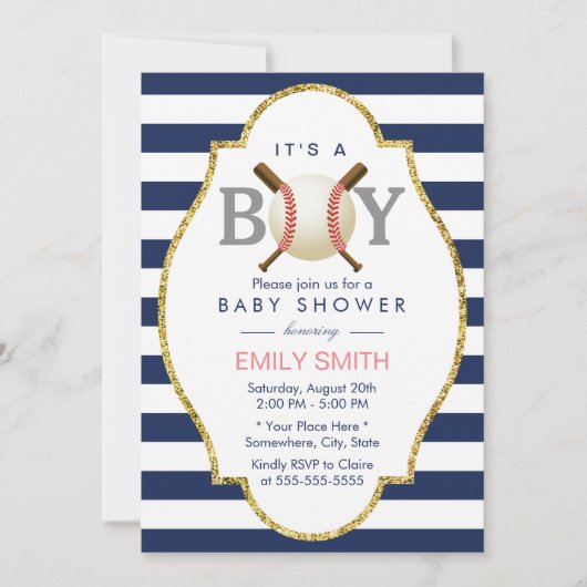 Invitation Baby shower de baseball moderne Navy Blue Stripes (Devant)