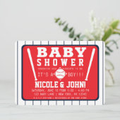 Invitation Baby shower de baseball Red Blue & White Pinstripe (Debout devant)