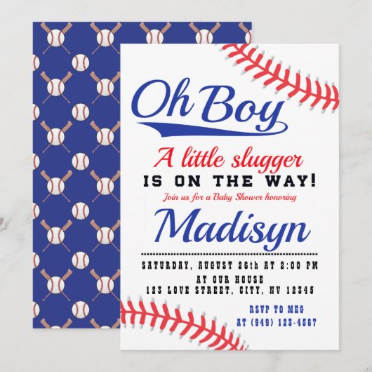 Invitation Baby shower de baseball Red White Blue Little Slug (Devant / Derrière)