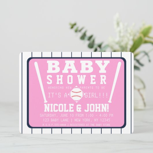 Invitation Baby shower de baseball rose bleu et blanc (Debout devant)