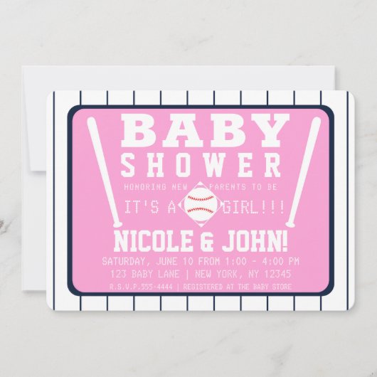 Invitation Baby shower de baseball rose bleu et blanc (Devant)