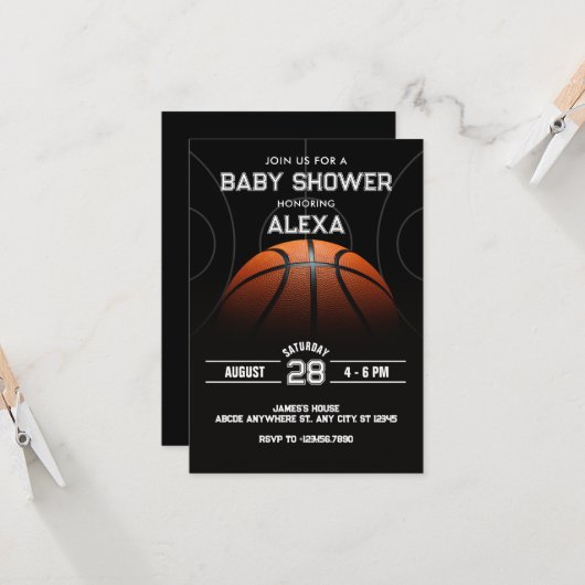 Invitation Baby shower de basket-ball moderne noir (Devant/Arrière en situation)