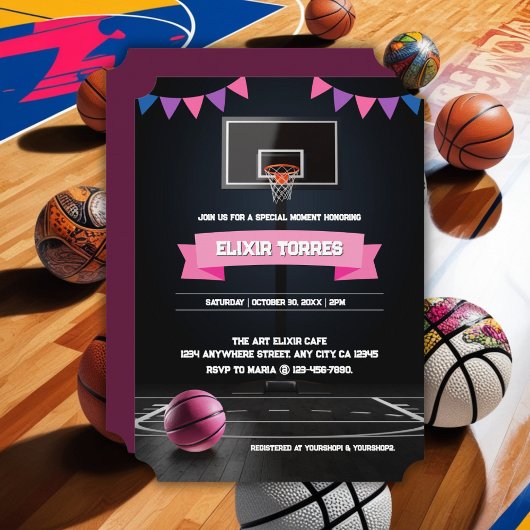 Invitation Baby shower de basket-ball rose
