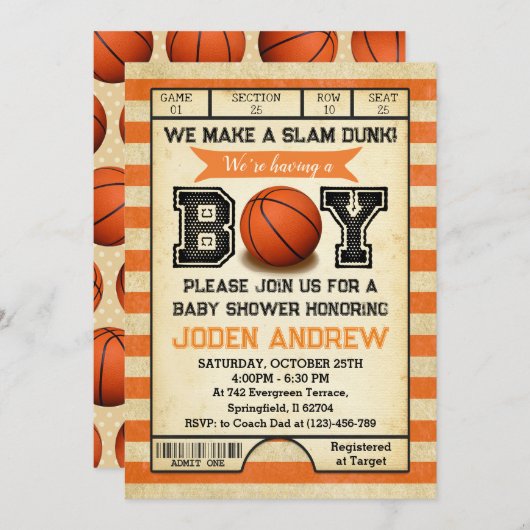 Invitation Baby shower de basket-ball sport personnel (Devant / Derrière)