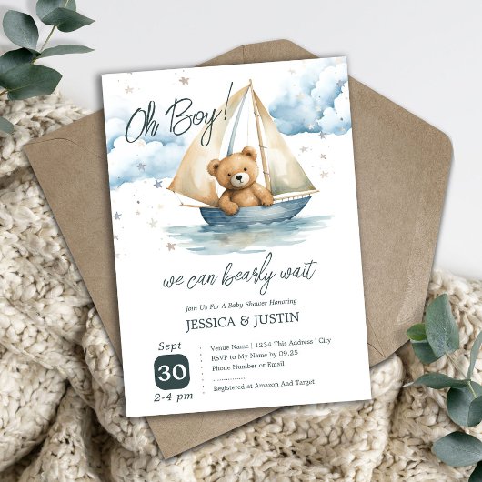 Invitation Baby shower de bateau de l'ours en pelu