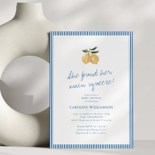 Invitation Baby Shower de Bébé au Citron Rayé Bleu et Écritur