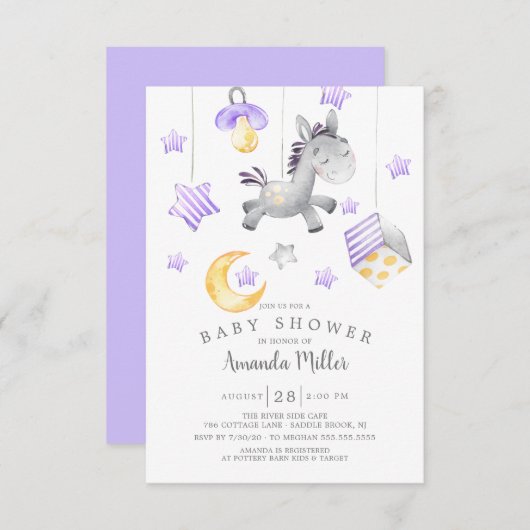 Invitation Baby shower de bébé fille mobile poney (Devant / Derrière)