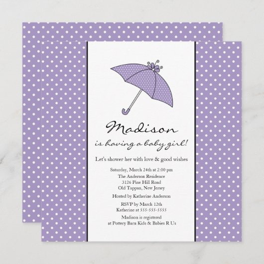 Invitation Baby shower de bébé mauve-parapluie (Devant / Derrière)
