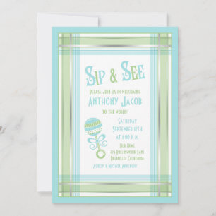 Invitation Baby shower de bétail bleu vert plaid Siroter et v