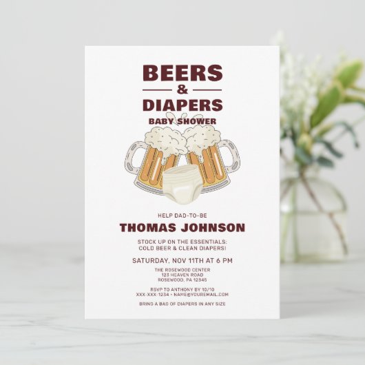 Invitation Baby shower de bière et couche (Debout devant)