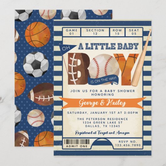 Invitation Baby shower de billets de sport (Devant / Derrière)