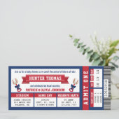 Invitation Baby shower de billets de sport, bleu,  (Debout devant)