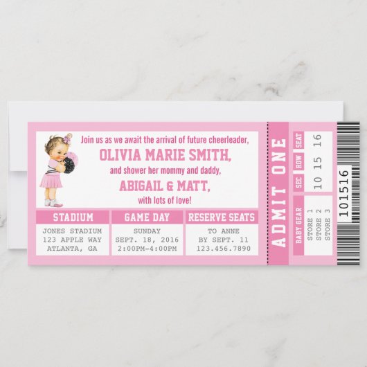 Invitation Baby shower de billets de sport, fille, (Devant)