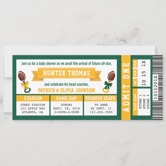Invitation Baby shower de billets de sport, Vert,  (Devant)