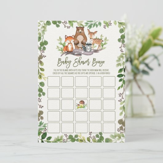 Invitation Baby shower de bingo Botanical Woodland (Debout devant)